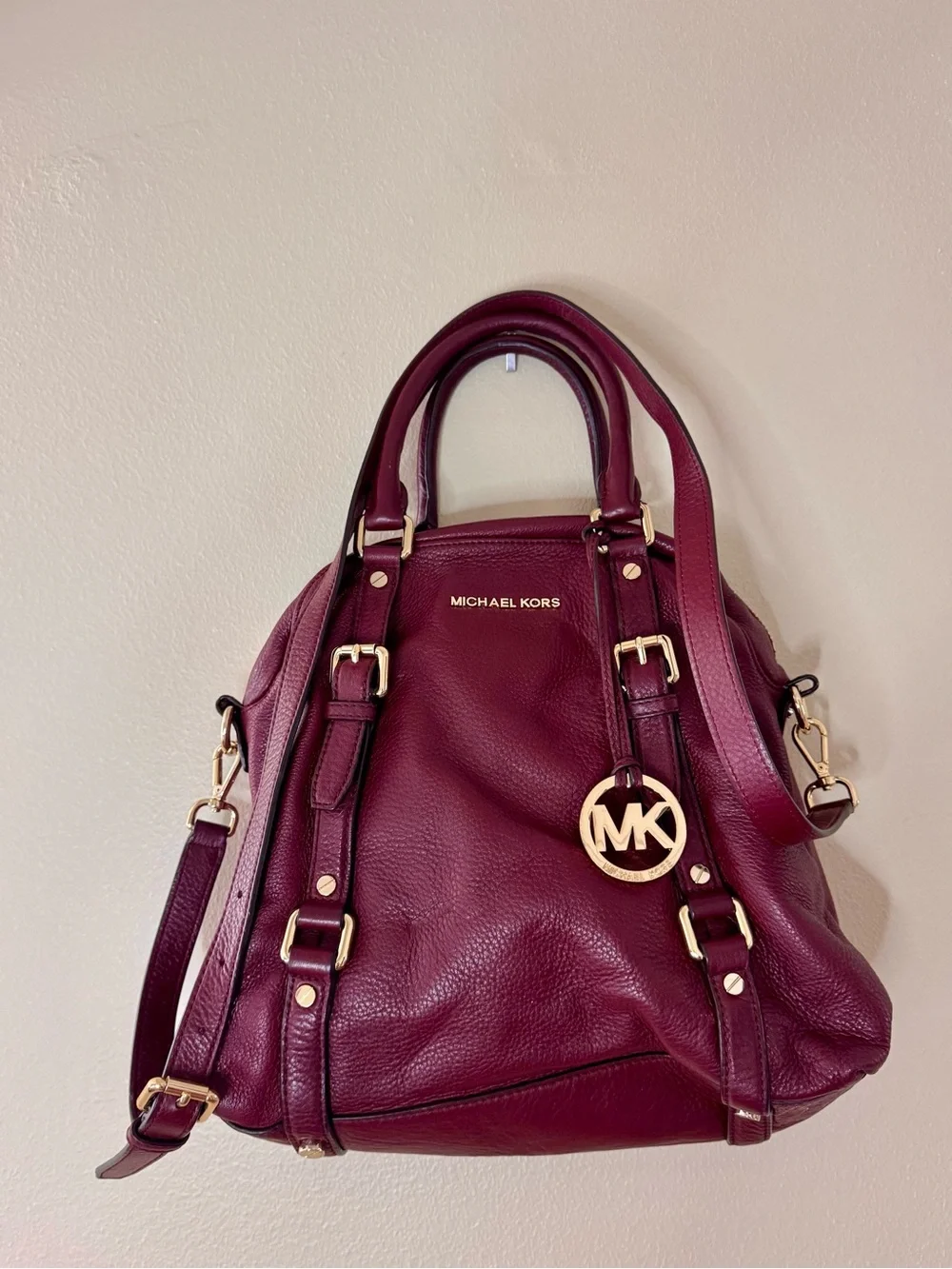 Michael Kors Plum Burgundy Leather Shoulder Satchel with Gold Hardware